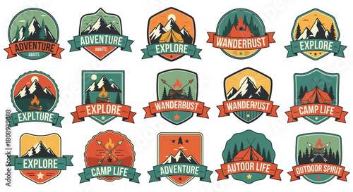 Collection of Vintage Outdoor Adventure Badges and Emblems Featuring Mountains, Tents, and Campfires for Exploration Graphics