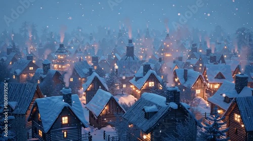 Rural Village from High Angle on Snowy Day