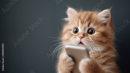 Ginger kitten holding a smartphone with a shocked expression, representing cute pet entertainment and mobile technology themes. The image focuses on humor, reaction content and digital communication