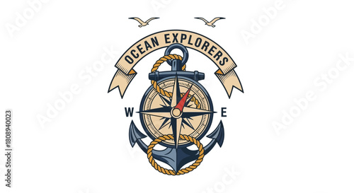 Ocean Explorers Compass with Anchor and Rope Nautical Theme Illustration