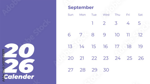 September 2026 monthly calendar page for planning events.