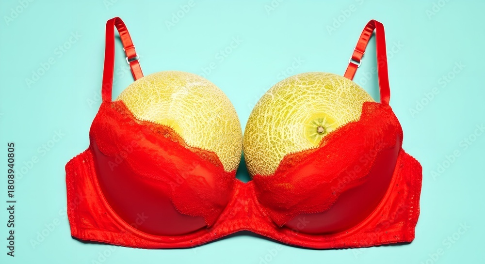 custom made wallpaper toronto digitalPlayful still life featuring a red lace bra filled with two melons on a light blue background, a humorous take on female body positivity.