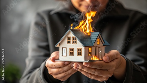 Person holding a miniature house engulfed in flames
