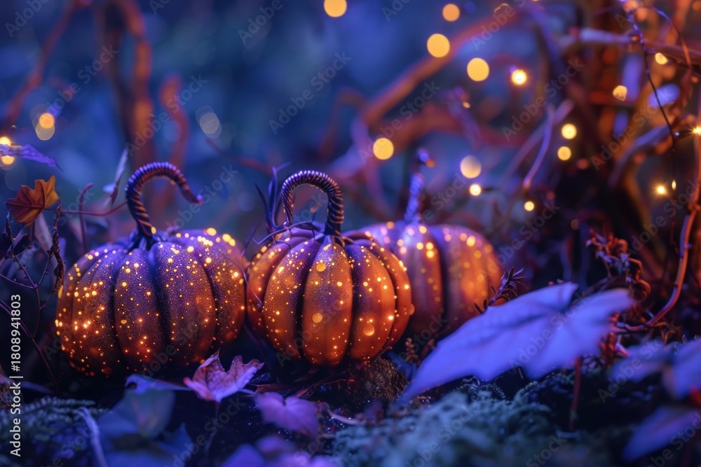 Obraz premium Three decorated pumpkins glowing at night in a spooky forest with warm lights and purple leaves creating a magical halloween atmosphere