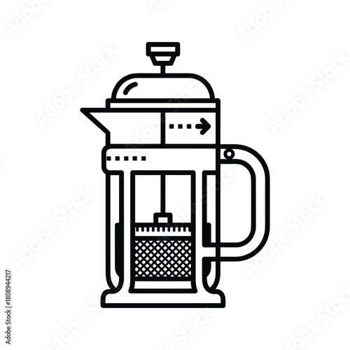 French press coffee maker icon in line art style, illustrating the brewing process with plunger and filter