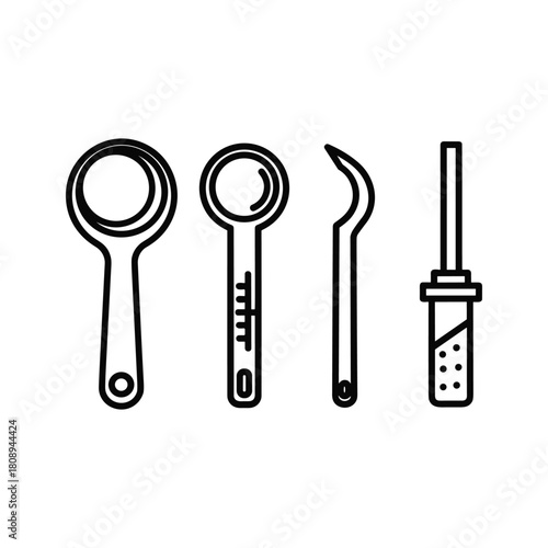 A set of diverse tools including a magnifying glass, measuring spoon, curved hook, and a pointed probe