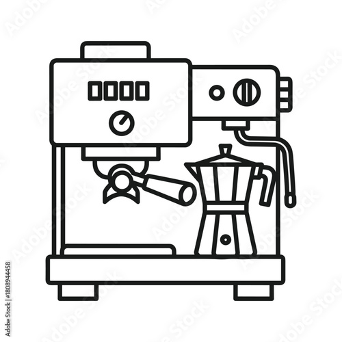 Line art icon of a modern espresso coffee machine with a moka pot, illustrating coffee preparation