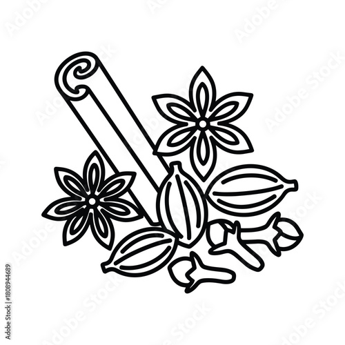 Line art illustration of various aromatic spices including cinnamon, star anise, cardamom pods, and cloves