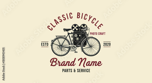 Vintage bicycle logo design featuring an old camera, perfect for photography and cycling businesses.
