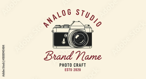 Vintage camera logo design with text elements, representing a photography studio brand.