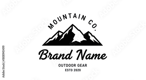 Minimalist logo design featuring mountain peaks, "Mountain Co." text, and "Brand Name" with outdoor gear establishment date.