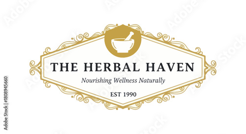 Elegant logo for The Herbal Haven featuring a gold mortar and pestle icon within an ornate, vintage-style frame.