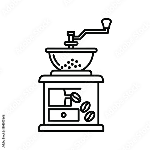 Manual coffee grinder icon, a minimalist black and white illustration for grinding coffee beans
