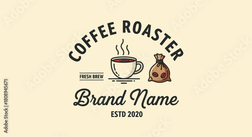 A charming hand-drawn coffee roaster logo design showcasing a steaming hot cup of coffee, a burlap sack filled with beans, and elegant typography for a brand.