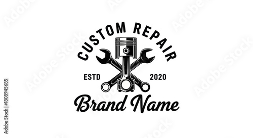 A vintage-style logo featuring a piston, crossed wrenches, and text indicating custom repair services.
