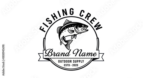 A vintage-style logo featuring a leaping fish within a circular emblem, designed for an outdoor supply brand.