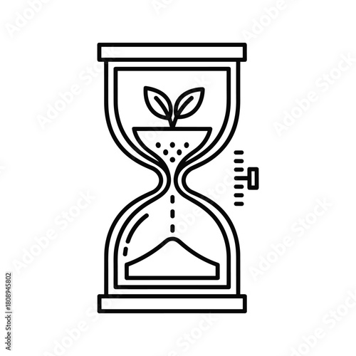 Black and white line art illustration of an hourglass with sand flowing and a small plant growing at the top