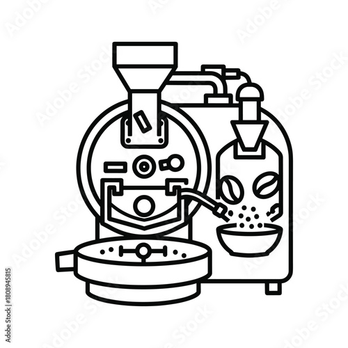 Coffee roaster machine icon, showing the process of roasting coffee beans, isolated on