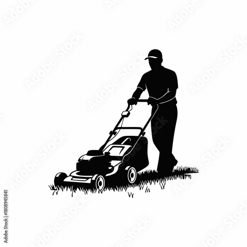 vector silhouette of a gardener cutting grass with a lawn mower on a white background