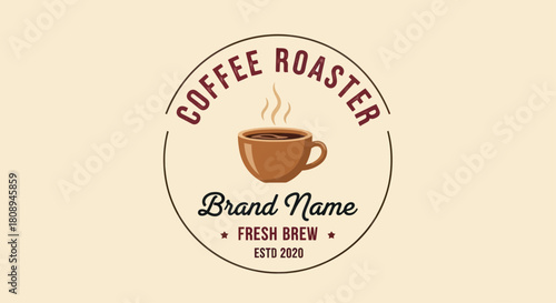 A vintage-style circular logo featuring a steaming coffee cup with "Coffee Roaster" and "Fresh Brew" text on a light background.