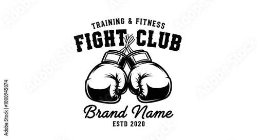Black and white logo featuring boxing gloves, text, and a brand name, representing a fight club.