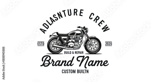 A vintage-style logo featuring a classic motorcycle for a custom build and repair shop or crew.