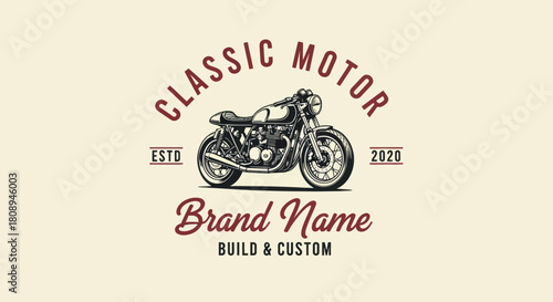 Engraved illustration of a classic cafe racer motorcycle in a retro custom motor brand logo design.
