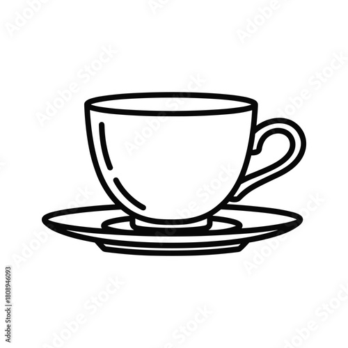 Simple black and white line art illustration of a classic teacup and saucer set for beverages