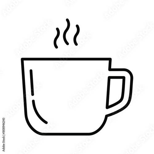 Clean black and white line art illustration of a steaming mug, perfect for hot coffee or tea