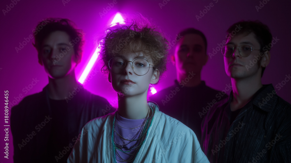 Fototapeta premium Neon Aesthetic Portrait of Young Musicians