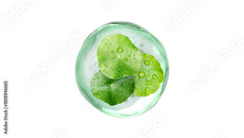 Green Cica Centella Leaf with Madecassoside in molecule Serum Bubble, 3D Illustration