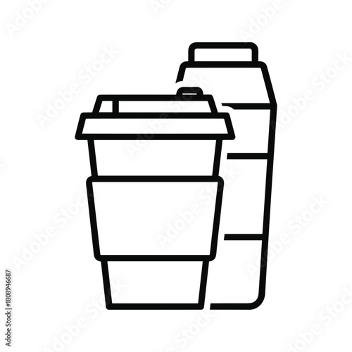 Outline icon of a disposable coffee cup and a reusable travel mug, representing takeaway beverages and ecofriendly options
