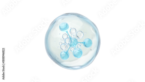 Blue Hyaluronic Acid Molecule in Bubble for Moisture and Hydration, 3D Illustration