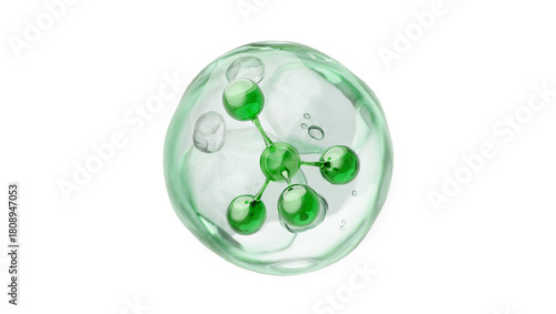 Green Cica Centella Molecule in Bubble for Acne and Soothing, 3D Illustration