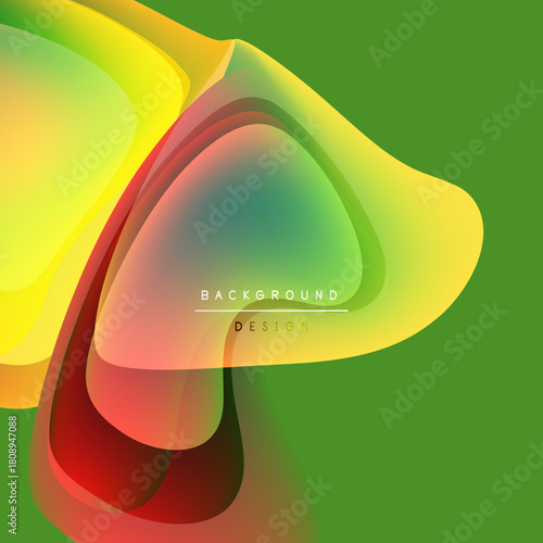 Abstract fluid shapes overlap, creating vibrant color gradients. Green background complements yellow, orange, red hues. Modern design element.
