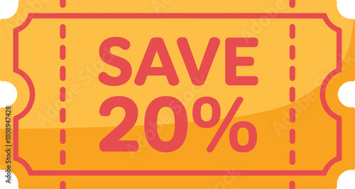 A bright yellow ticket offers a 20% discount.