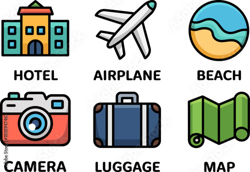 Icons representing hotel, airplane, beach, camera, luggage, and map for travel planning.