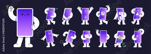 Cartoon mascot of mobile phone set. Happy character of smartphone is greeting, waving hand, listening to music, taking photo. Sad telephone with broken screen. Flat isolated vector illustrations