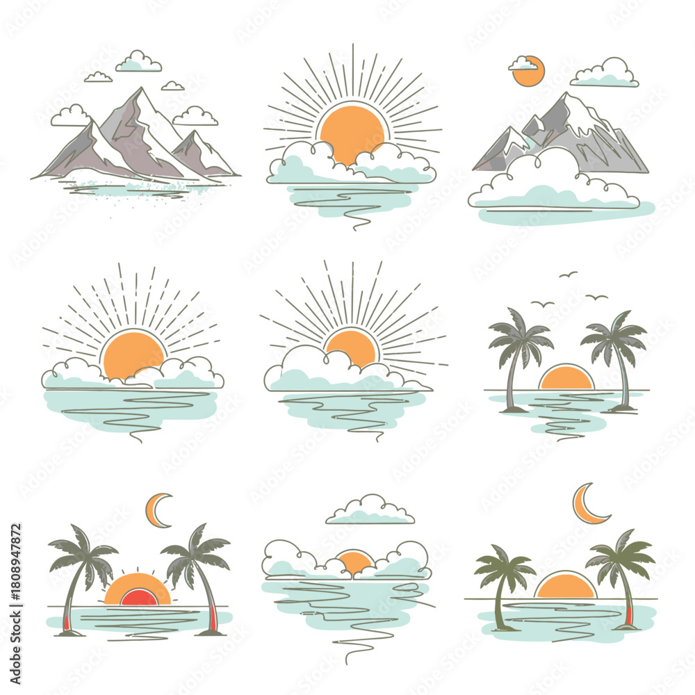 Naklejka premium Set of summer and nature landscape illustration