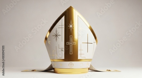 An elegant white and gold bishop's mitre with religious symbols, isolated on a plain studio background.