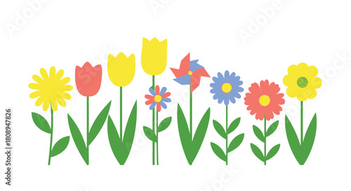 Colorful spring flowers in a row