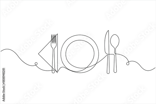 One continuous line art drawing of food tools. Spoon, fork, plate and knife for decoration restaurant menu linear design vector illustration
