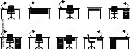 Office desk and chair silhouette collection, workspace furniture with lamps and drawers, black vector illustration set for business and home office design