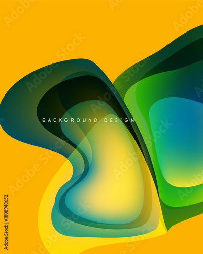 Abstract fluid shapes overlap, creating vibrant color gradients. Yellow background complements green, blue hues. Modern design element.