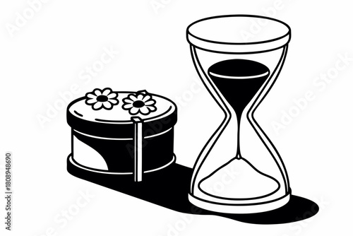 Minimilist illustration of a round box with flowers next to an hourglass on a white background in black and white vector
