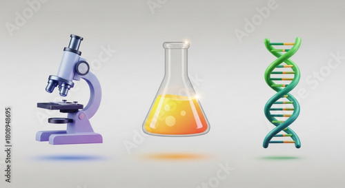 Science lab equipment microscope beaker dna helix research biology chemistry medical laboratory analysis 3d render