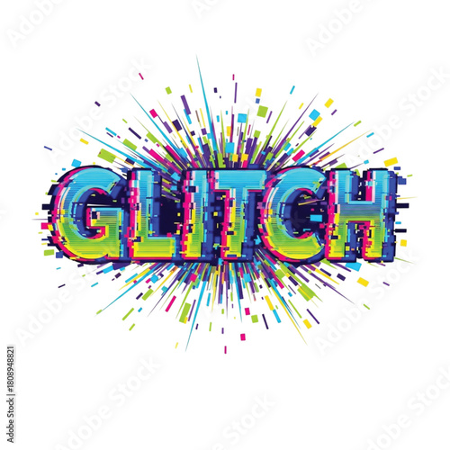 Vibrant glitch style lettering design with retro 80s feel for posters, flyers, and digital arts featuring colorful burst and dynamic shapes on white backdrop