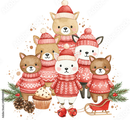 Adorable watercolor animals in festive christmas sweaters and hats, winter fun