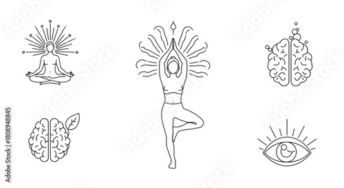 Yoga meditation mindfulness and brain health illustration for wellness and spiritual lifestyle design