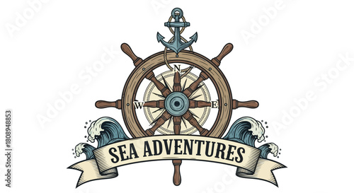 Vintage Nautical Emblem Design with a Classic Ship's Wheel, Anchor, and Rolling Waves, Symbolizing Ocean Exploration, Marine Travel, and Exciting Sea Adventures